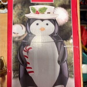 Lenox Black and White Penguin Cookie Jar with Red Candy Cane